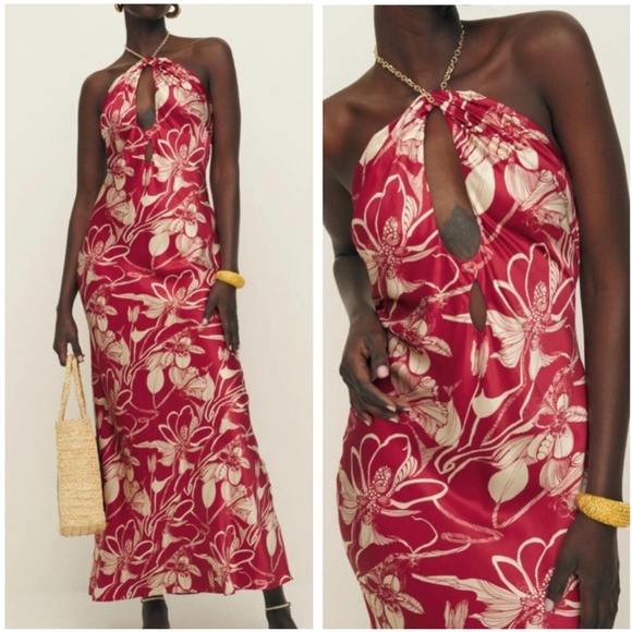NWT Reformation Yesenia Silk Maxi Halter Dress - Las Dalias Red Floral - Picture 9 of 10